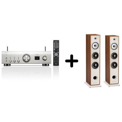 Un amplificador Denon PMA-900HNE Plata + un par de altavoces de columna Triangle BR08 Roble