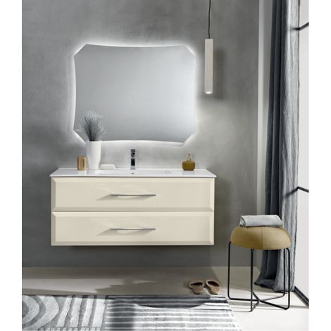Mobile da bagno sospeso moderno base 120 CLEIDE con 2 cassetti e lavabo, AVORIO OPACO (1/5)