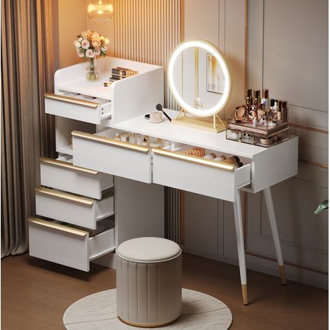 Tocador (100x41.5x102 cm), con tablero extensible, 6 cajones, espejo LED regulable, aglomerado, blanco (1/5)