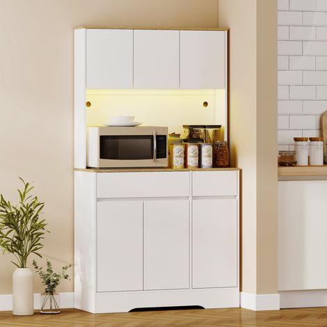 Buffet cuisine meuble cuisine rangement haut avec lumière LED RGB. plan de travail. 6 portes. 2 tiroirs. blanc