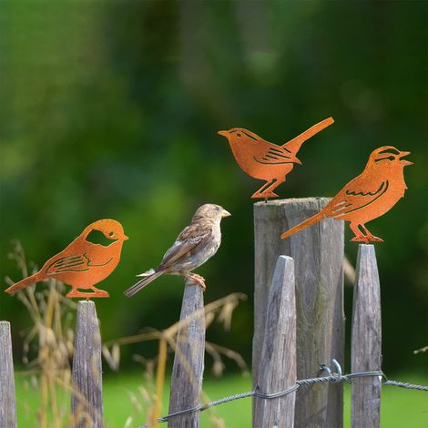Lot de 3 Décorations de Jardin en Métal Rouillé Silhouette d'Oiseau Patine Rouille Déco d'Extérieur pour Arbre Clôture Balcon Piquet de Jardin en Fer