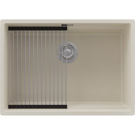 PRIMAGRAN Evier Cuisine en Granit 66x47cm,Lavabo 1 bac + Kit de Vidage + Égouttoir Enroulable, Évier à Encastrer au meuble 70cm - Prague Slim, Beige (1/5)