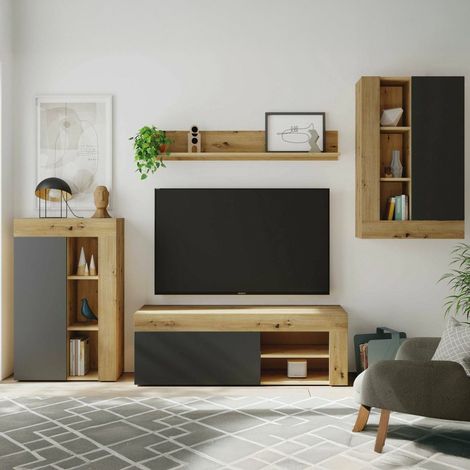 Dmora - Mueble alto Watertown, Conjunto de salón moderno, Mueble salón multiusos, 260x41h102 cm, Roble Nudos y Antracita (1/5)