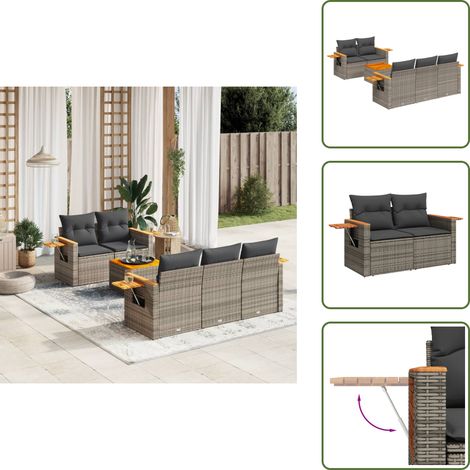 The Living Store Salon de jardin 6 pcs avec coussins gris résine tressée - Ensemble Salon De Jardin - Meuble Extérieur - Jardin Design - Mobilier De Jardin - Chaise Lounge