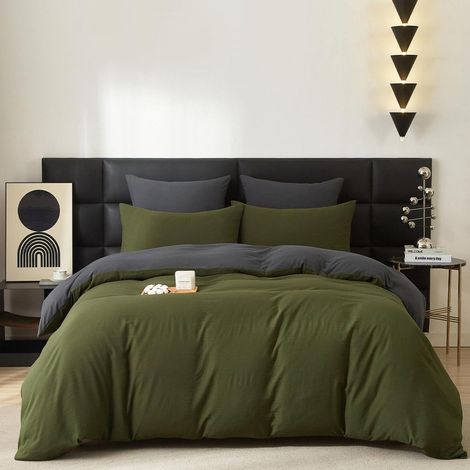 Bettwäsche Set 220x200cm Baumwolle Olivgrün Grau 3-teilig Wendebettwäsche mit Reißverschluss