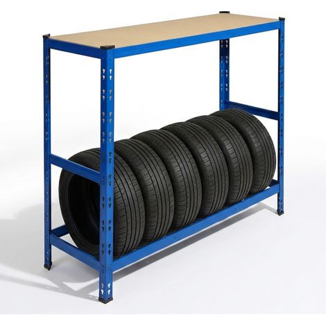 Étagère à pneus Relaxdays pour 6 pneus, H x L x P 110 x 120 x 40 cm, 150 kg, acier, système d'emboîtement, atelier, bleu