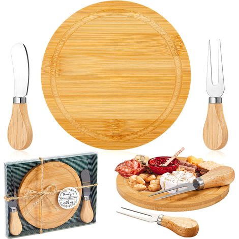 Ensemble de 4 assiettes rondes en bois de bambou beige pour plats cuisinés, fromage et fromage (coffret cadeau inclus). (1/5)