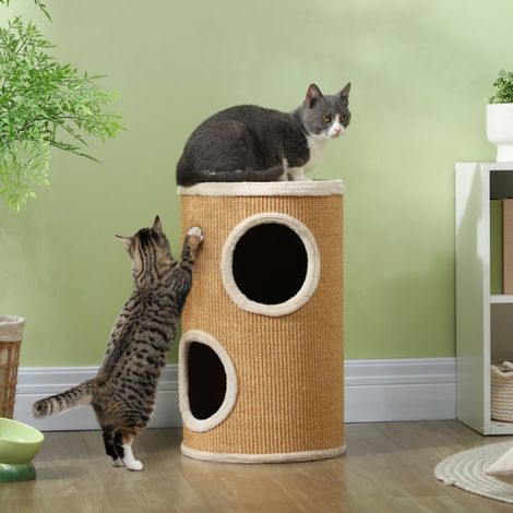 Tonneau pour chat Ø35 x 60 cm – double niveau et tapis sisal – marron (1/5)