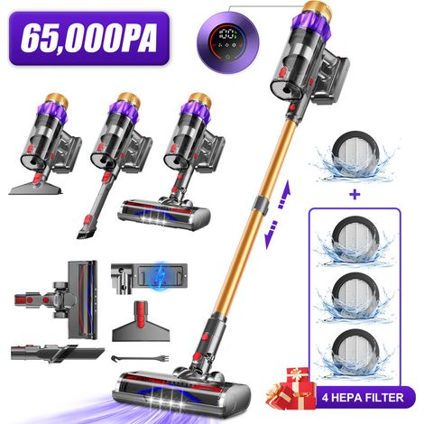 Aspiradora sin cable dorada – 65000 Pa – 70 min de autonomía – 3 velocidades – pantalla táctil – diseño autoportante – depósito de 1,8 L – apta para pelos de mascotas – escoba eléctrica elegante