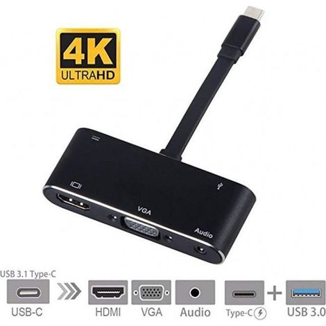 USB C vers HDMI Adaptateur VGA, USB C 3.1 vers HDMI DVI VGA USB 3.0 Hub adaptateur Multiport pour MacBook/MacBook Pro (Noir) (1/4)