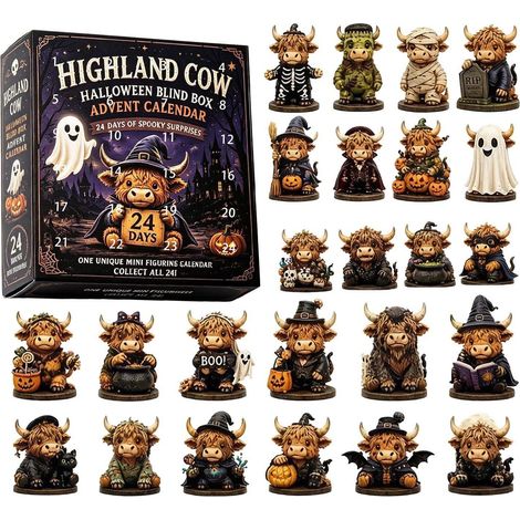 Calendrier de l'Avent d'Halloween Vache des Highlands, Compte à Rebours d'Halloween Coffret Cadeau de 24 Jours Décoration à Suspendre en Acrylique 2D Imprimé Pendentif pour Sapin Fenêtre Mur Porte (1/5)
