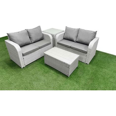 Fimous 4 Seater Outdoor Love Sofa Set Rattan Garden Furniture Set with Rectangular Coffee Table Side Table Light Grey (1/4)