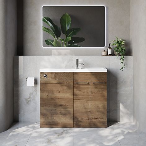 Napoli 250 Tobacco Oak 1000mm 2 Door Vanity Unit Toilet Suite with Square Silvo Basin - 1000mm - Chrome 160mm HandleWithout Kingston Toilet Pan