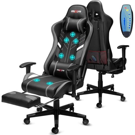 Gaming Stuhl mit 7 Punkt Massage Fußstütze 180KG Bürostuhl 90-175° Grau (1/5)