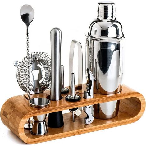 Ensemble de barman, acier inoxydable/bambou, Shaker Cobbler 550 ml, paquet de 10, argent/marron (1/4)