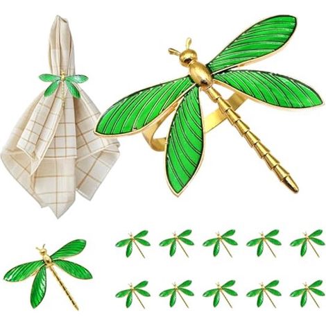 Set di anelli portatovaglioli estivi (12 pezzi), anelli portatovaglioli a forma di libellula verde, anelli portatovaglioli dorati per decorazioni nuziali, anelli portatovaglioli in metallo (1/4)