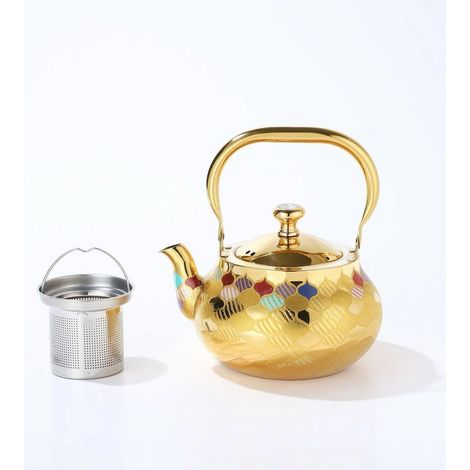Stainless Steel Kettle Teapot Infuser Carafe with Removable Strainer for Precise Brewing and Angled Spout, Arched Handle, Gold, 2.0L (1/4)