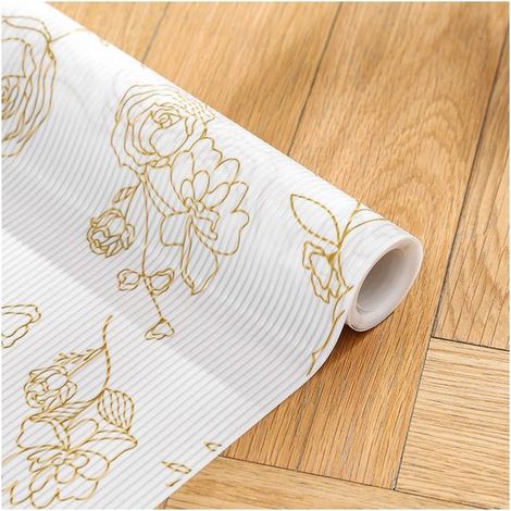Tapis de tiroir 45x300cm, non adhésif, résistant à l'huile, antidérapant, tapis de réfrigérateur en plastique EVA, tapis de protection (Fleurs dorées) (1/5)