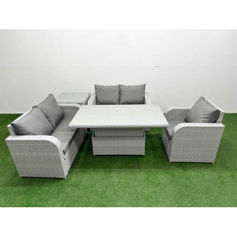Fimous High Back Poly Rattan Garden Furniture Set with Reclining Chair Loveseat Sofa Adjustable Lifting Dining or Coffee Table Indoor Outdoor Patio  Set Side Table Light Grey (1/5)
