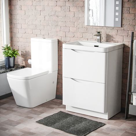 Merton 600mm Freestanding Vanity Basin Unit & Square Rimless Close Coupled Toilet White (1/5)