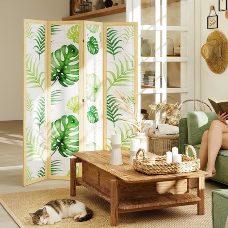 Paravento pieghevole a 4 pannelli, motivo tropicale boho, 170 cm, legno e tessuto non tessuto (1/4)
