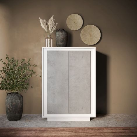 Credenza 2 ante battenti linea Beton in bianco laccato opaco e pannelli effetto beton (1/2)