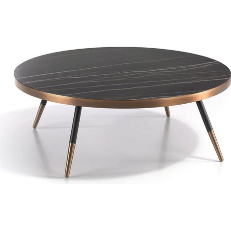 Table basse ronde bois et porcelaine finition marbre noir pieds métal chromé bronze - Noir, bronze (1/2)
