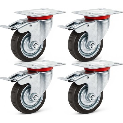 Wiltec Doppelstopp-Lenkrollen Set 4x Vollgummirad Transportrolle 75mm bis 50kg pro Rad mit Feststellbremse und Anbauplatte, leiser Lauf, Transportrollen Möbelrollen