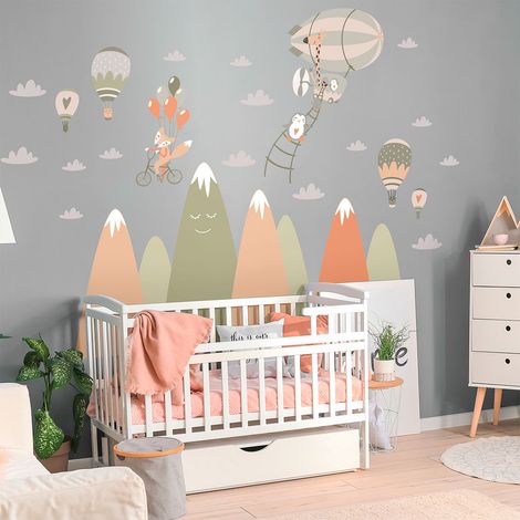 Stickers enfant montagnes scandinaves animaux épanouis 50 x 75 cm (1/5)