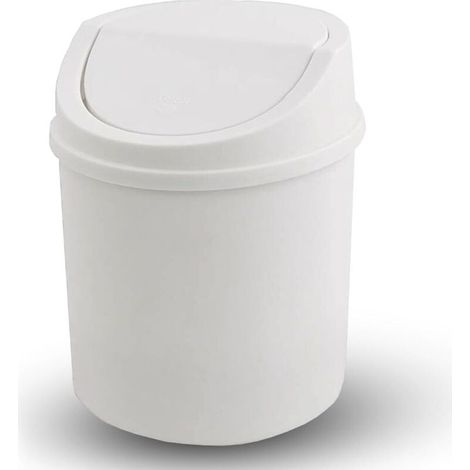 Mini papelera con tapa, papelera de mesa, papelera pequeña de plástico, blanca (1/5)