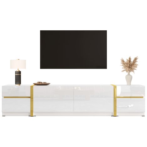 Meuble TV de luxe  Finition haute brillance  Bords dorés  Avec tiroirs et portes  Style moderne  Offre un vaste espace de rangement pour le salon  Mobilier TV (1/5)