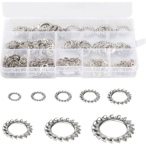 Rondelles de Verrouillage des Dents 300 pièces Rondelle Frein Inoxydable Rondelles Dentées Rondelles de Blocage Rondelles Dentées Externes Assortiment Ensemble (M2,5 M3 M4 M5 M6 M8 M10 M12)