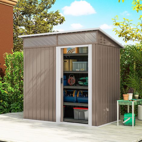 Caseta de Jardín Metálica con Puerta Corredera Ventanas y Ventilación para Almacenaje Exterior 195x122x159/182 cm Marrón (1/4)