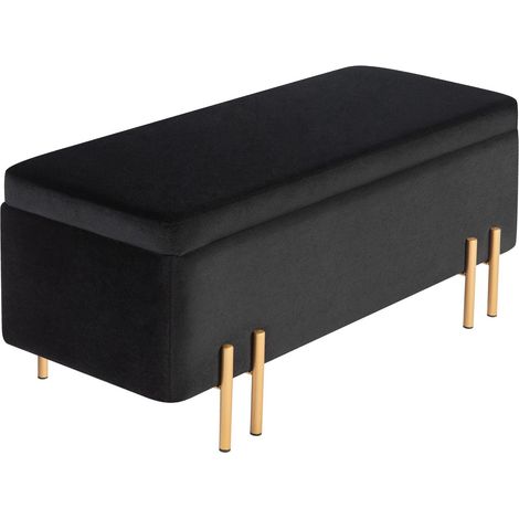 Sitzbank, Polsterbank mit Stauraum, Truhenbank, Stoff, Metall, Gummiholz, Schaumstoff, Schwarz, 100 x 40 x 42 cm