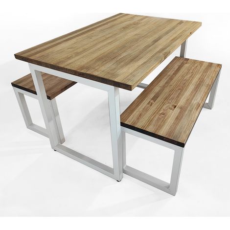 Conjunto Mesa y Bancos iCub Strong Blanco 120x80cm en madera maciza de pino acabado vintage estilo industrial Box Furniture (1/5)