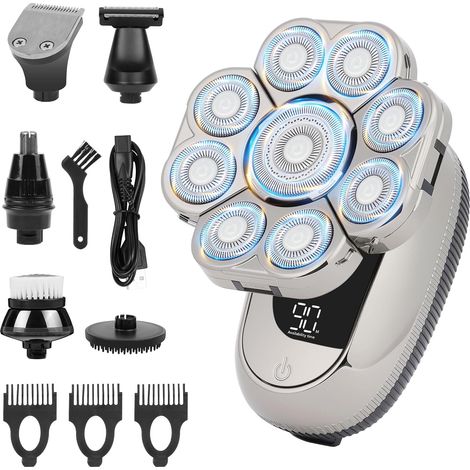 Rasoir Chauve Homme, 9D Rasoir Tete Electriques Hommes Sec et Humide, 6 en 1 Détachable Rasoirs à Tête Étanche IPX6, Charge USB, Tondeuse à Barbe avec Écran LCD (1/5)