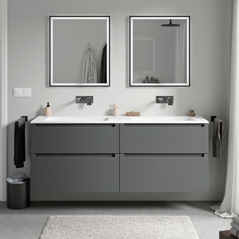 BERNSTEIN - Meuble double vasque suspendu salle de bain MDF Anthracite mat, lavabos fonte minérale Blanc mat sans trou robinet, tiroirs passe-main pivotants - 160x46x62cm - VIREO Anthracite mat, Blanc