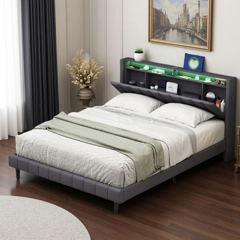 Bett Erwachsene 140x200 cm mit Nachttischschublade, RGB-LEDs, EU-Steckdosen, Lattenrost, modernes Doppelbett aus grauem Leinenstoff