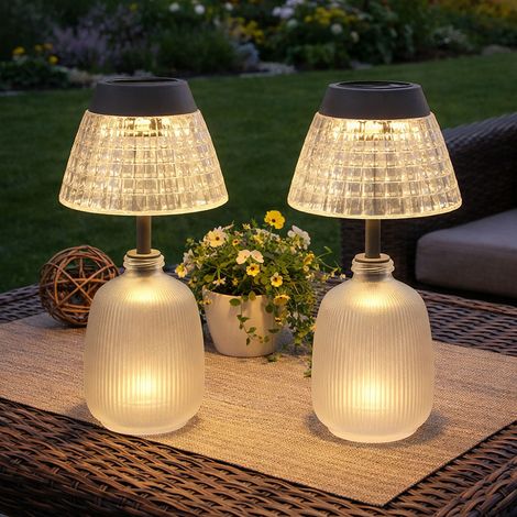 Lampada solare da tavolo lampada da esterno vetro chiaro ricaricabile LED lampada da giardino lampada da balcone, acrilico, vetro, plastica, LED 3000K bianco caldo, DxH 13,5x27 cm