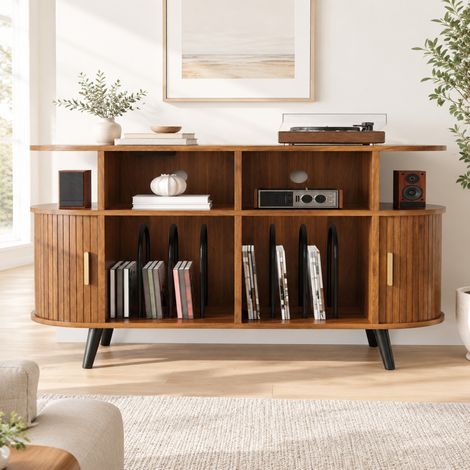 Aparador para vinilos y equipo HiFi de MDF acabado nogal 110 x 40 x 76 cm (1/5)