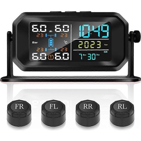 Système de surveillance de la pression des pneus TPMS à énergie solaire T13 avec 4 capteurs externes - Dispositif de surveillance de la pression des pneus de voiture (1/5)
