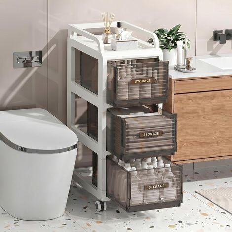 Meuble Salle de Bain, Tour de rangement plastique, Fin 30cm Chariot Roulant (1/5)
