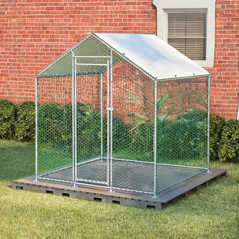 Enclos de jardin pour poules avec abri métal argenté à monter (1/5)