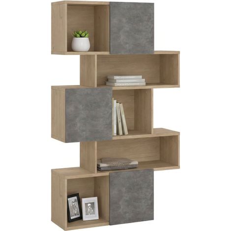 Dmora - Bücherregal Flavie, Büroregal, Mobiler Buchhalter, Bücherbrett, 96x32 h166 cm, Eiche und Zement
