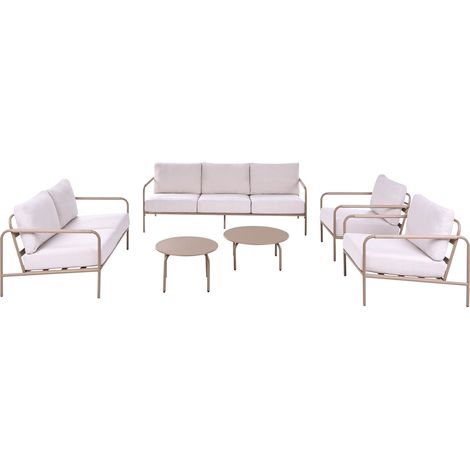 Ensemble de Salon de Jardin Structure en Acier 7 Places Fauteuils et Canapé avec Coussins en Tissu Hydrofuge Housses Amovibles Beige Clair Nuxis (1/5)