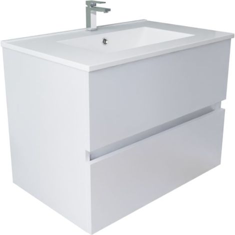 Cuisibane – Meuble double vasque suspendu 70 cm – Inox blanc mat – Plan vasque céramique 71 cm – 2 tiroirs avec charnières amortisseurs (1/4)