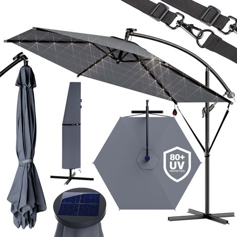 KINGSLEEVE® Sombrilla de Jardín Parasol 300cm Manivela 24 Luces LED Protección UV80+ Seguro Antiviento Funda Protectora Antracita