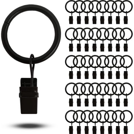 50 anneaux de rideau solides 25 mm avec pinces, clips de suspension couleur noire pour tringles à rideaux, adaptés aux rideaux de maison, en métal (1/5)