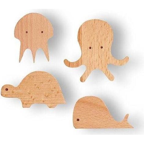 Simpatici ganci in legno a forma di animali marini naturali, da appendere al muro, ganci decorativi per cappotti per bambini, set da 4 (1/5)