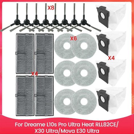Pour les aspirateurs Dreame L10s Pro Ultra Heat RLL82CE, X30 Ultra et Mova E30 Ultra : filtre de brosse latérale et chiffon de nettoyage. (1/5)